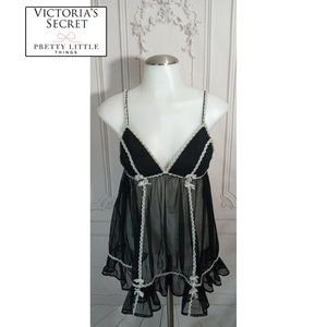 Victoria's Secret Pretty Little Things Black Babydoll Bows Flyaway Back Sz L